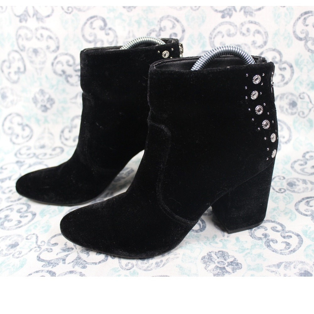 G by GUESS GGNUEVA Black Velvet Rhinestone Studded Block Heel Ankle Boots 6.5M